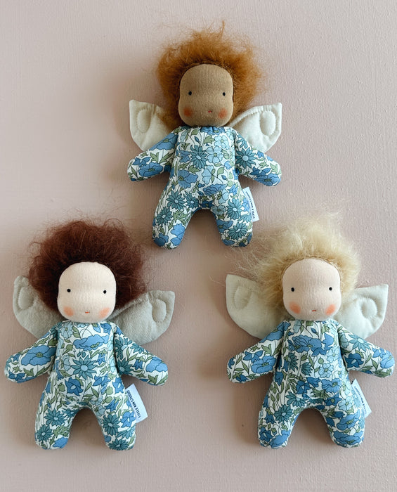 Tooth fairy Waldorf inspired mini doll BOY • brown hair • blue liberty