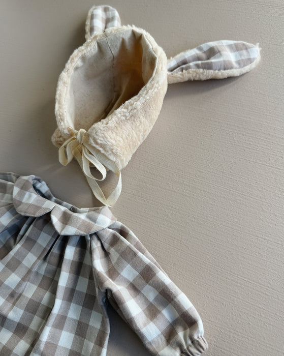 Dress & bunny bonnet • large • light grey gingham collar dress