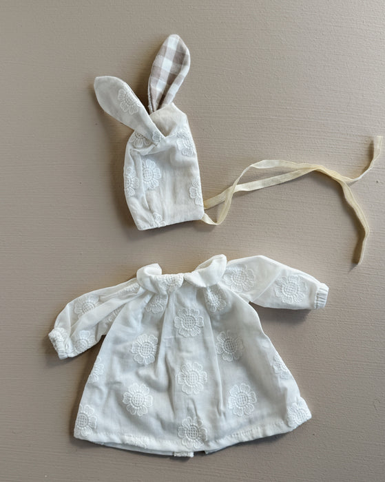 Dress & bunny bonnet • medium or large • white flower embroidery
