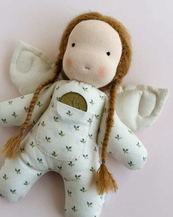 Tooth fairy Waldorf inspired mini doll • caramel hair • green leaf