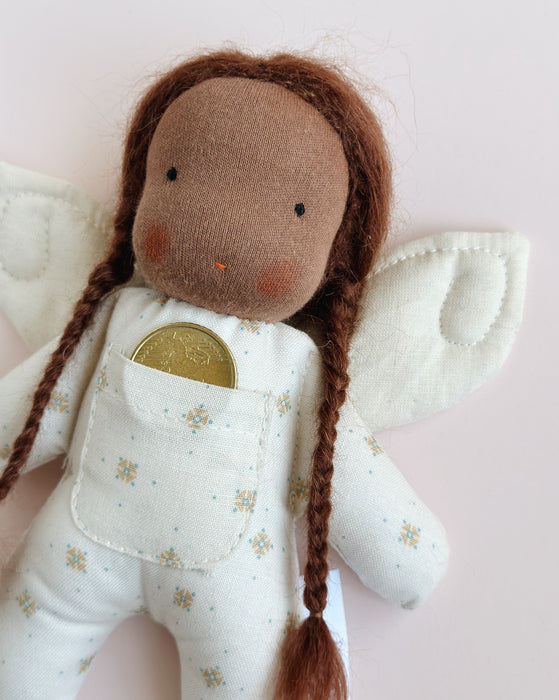 Tooth fairy Waldorf inspired mini doll • brown hair brown skin • dots