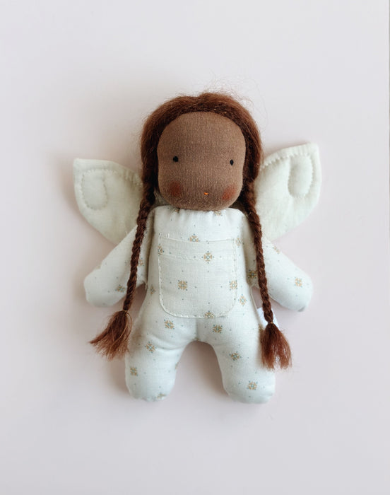 Tooth fairy Waldorf inspired mini doll • brown hair brown skin • dots