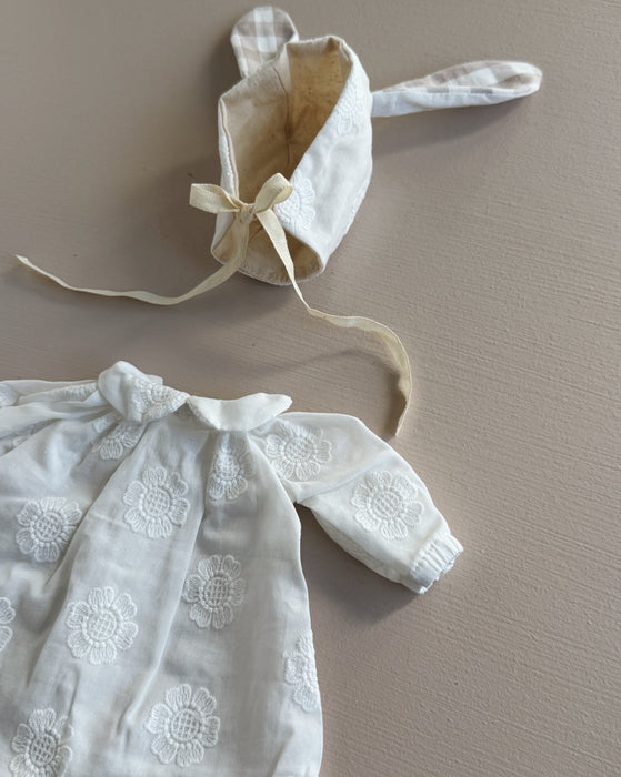 Dress & bunny bonnet • medium or large • white flower embroidery