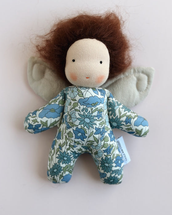 Tooth fairy Waldorf inspired mini doll BOY • brown hair • blue liberty