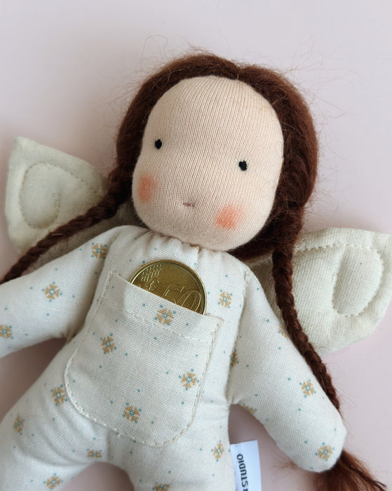 Tooth fairy Waldorf inspired mini doll • brown hair • dots