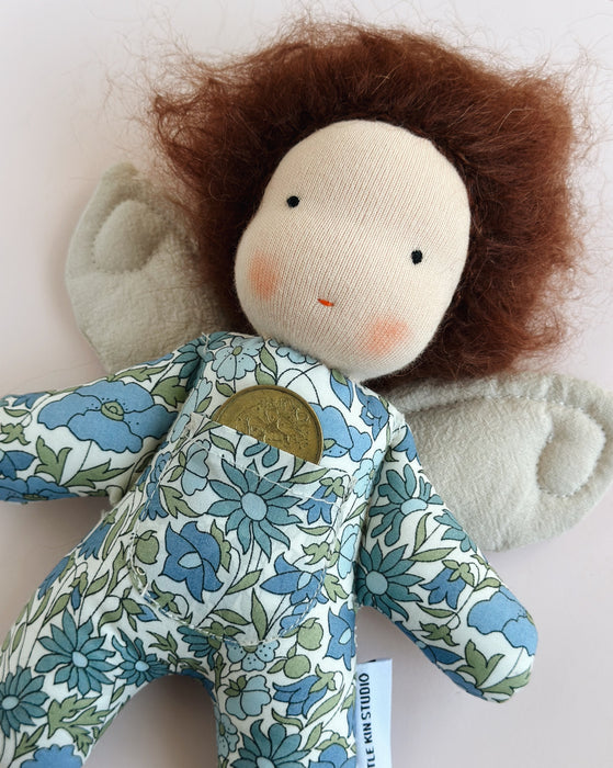 Tooth fairy Waldorf inspired mini doll BOY • brown hair • blue liberty