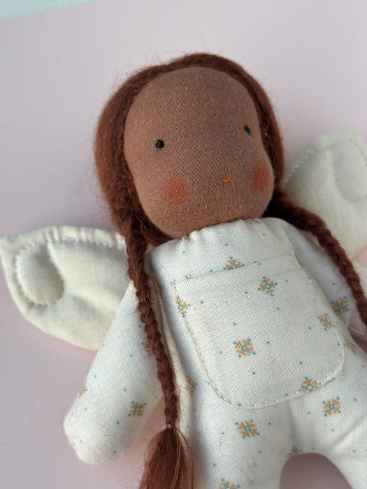 Tooth fairy Waldorf inspired mini doll • brown hair brown skin • dots