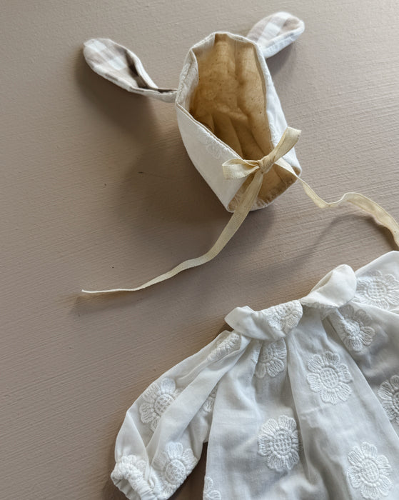 Dress & bunny bonnet • medium or large • white flower embroidery